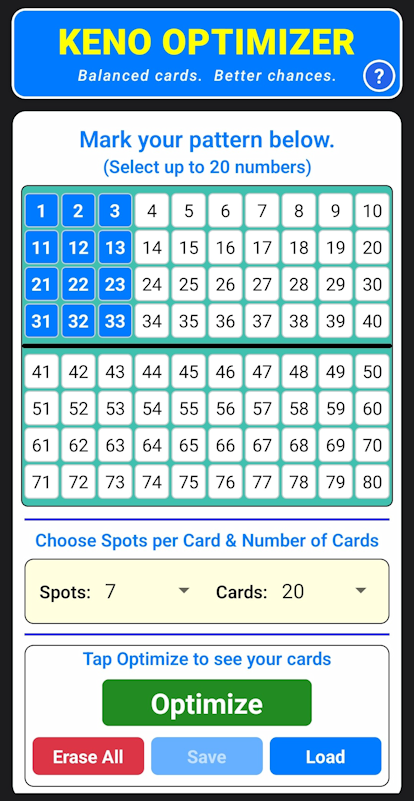 Before Optimize — number selection grid